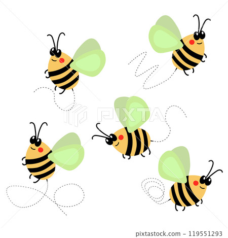 Cartoon bee mascot. A small bees flies. Wasp collection. Vector characters. Incest icon. Template design for invitation, cards. Doodle style Cartoon bee mascot. A small bees flies. Wasp collection. Vector characters. Incest icon. Template design for invitation, cards. Doodle style 119551293