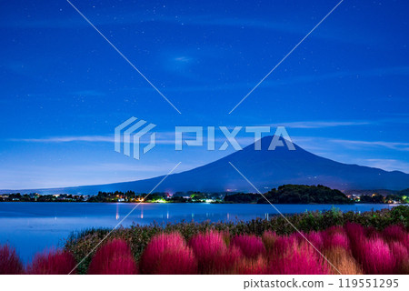 [山梨縣]月夜的河口湖大石公園、秋葉的地膚和黎明前的富士山 119551295