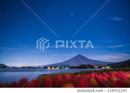 [Yamanashi Prefecture] Oishi Park, Lake Kawaguchi in the moonlight, autumn leaves of kochia and Mt. Fuji, before dawn 119551297