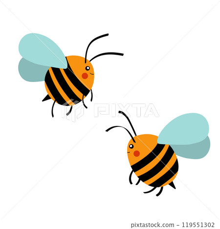 Cartoon bee mascot. A small bees flies. Wasp collection. Vector characters. Incest icon. Template design for invitation, cards. Doodle style 119551302
