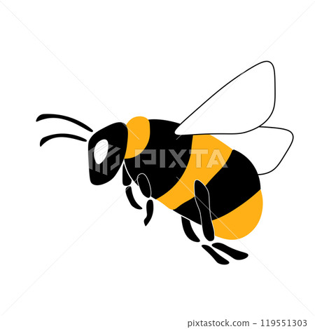 Cartoon bee mascot. A small bees flies. Wasp collection. Vector characters. Incest icon. Template design for invitation, cards. Doodle style 119551303