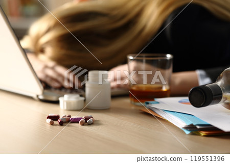 Entrepreneur attempting suicide with pills at home 119551396