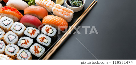 Typical Japanese set of sushi food with copy space. Set of sushi food with copy space. AI-generated item 119551474