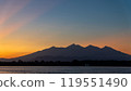 A dusk afterglow over a highland lake with mountains in the background 119551490
