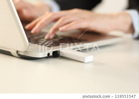 Executive hands typing on laptop with pendrive connected 119551547