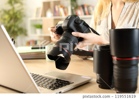 Photographer hands with laptop checking camera 119551619