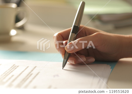 Profile of woman hand singing contract at office 119551620