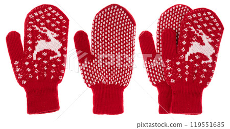 Red knitted mittens with white reindeer pattern isolated on white 119551685