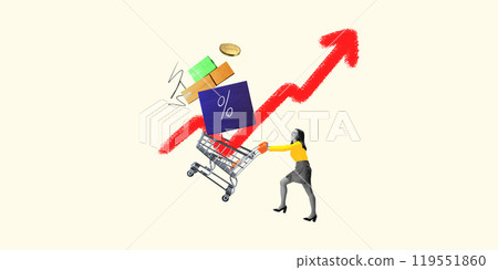Contemporary art collage. Woman pushes shopping cart filled with boxes and percentage symbols with rising arrow. Sales growth. Contemporary art collage. Woman pushes shopping cart filled with boxes and percentage symbols with rising arrow. Sales growth. 119551860
