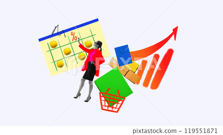 Contemporary art collage. Woman, analytic, points at calendar with percentages, surrounded by shopping bags and coins. Discount offers, market forecasting. 119551871
