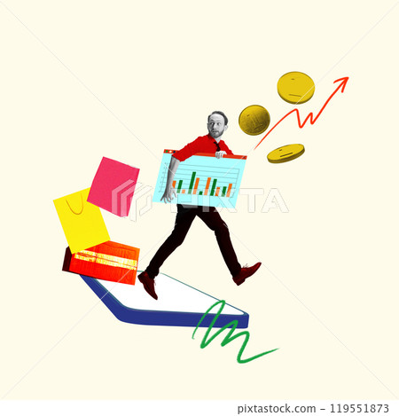 Contemporary art collage. Young man walks on phone, carrying chart with coins flying upward near increased graph. Contemporary art collage. Young man walks on phone, carrying chart with coins flying upward near increased graph. 119551873