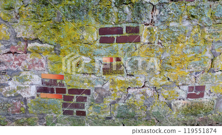 A Weathered Stone Wall Covered in Moss and Bricks in a Rustic Setting 119551874