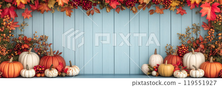 Autumn thanksgiving day decoration with pumpkins, berries on a old blue wooden background.  AI-generated item 119551927