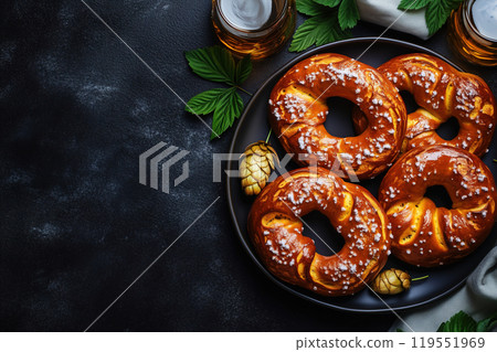 Freshly baked pretzels with sea salt on a dark slate background alongside mugs of beer and hops 119551969