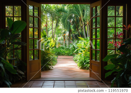 A vibrant tropical garden view from a cozy room with open double doors showcasing lush greenery and 119551970