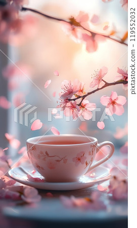 In this enchanting scene, a vintage teacup basks in golden sunlight as sakura petals cascade gently, highlighting the beauty of spring and delicate floral details In this enchanting scene, a vintage teacup basks in golden sunlight as sakura petals cascade gently, highlighting the beauty of spring and delicate floral details 119552032