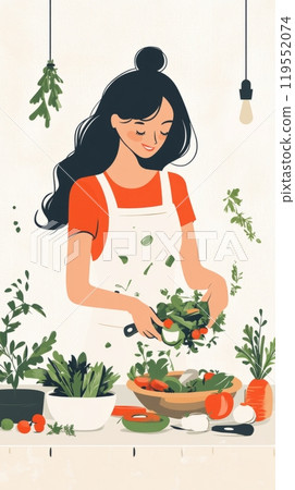 This contemporary flat illustration features a woman chopping ingredients for a salad, emphasizing healthy eating and a colorful culinary experience 119552074