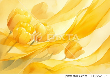 Yellow tulips are scattered across a shimmering yellow silk background, creating a vibrant and luxurious display, perfect for celebrating March 8th or Valentine's Day, illustration 119552106