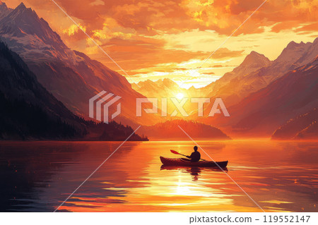 A man kayaks across a calm mountain lake at sunset, where golden light bathes the water, reflecting the distant mountains with snowy tops, creating a serene landscape 119552147