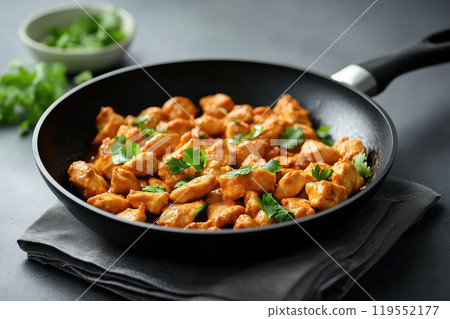 Juicy chicken pieces simmered in a flavorful sauce, garnished with fresh cilantro, served in a 119552177