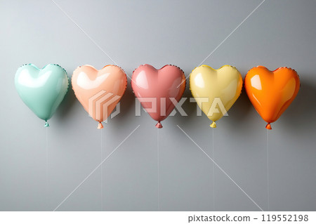 Colorful heart-shaped balloons in a row hanging gracefully on a light grey wall, perfect for a 119552198