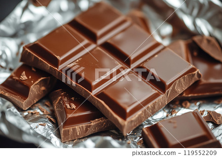 Delicious dark chocolate pieces on aluminum foil ready to be enjoyed as a sweet treat during an 119552209