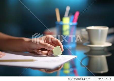 Woman hand erasing with an eraser in the night 119552393