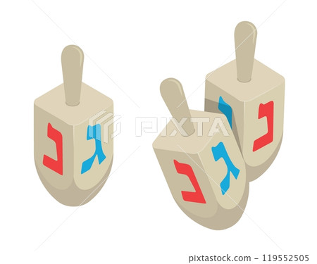 Isometric Hanukkah Jewish symbolic wooden toys with letters of alphabet for turning. 3D vector isolated on white background 119552505