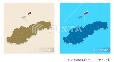 Slovakia country flag installed on geographic positioning map point of country territory. Slovak commonwealth banner on land and sea. Festive patriotic HD format template for independence day 119552510