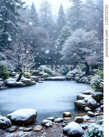 Japanese garden during winter with snow and falling snow, Tokyo, Japan Japanese garden during winter with snow and falling snow, Tokyo, Japan 119552552