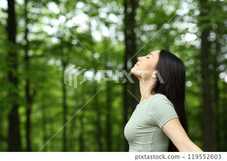 Asian woman breathing fresh air in a forest 119552603