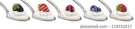 Spoon of yogurt with berries isolated on white background with clipping path, collection, full depth of field 119552817
