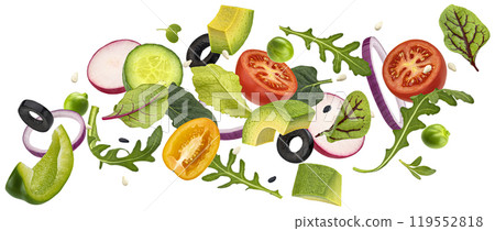 Vegetable salad leaves mix isolated on white background with clipping path 119552818