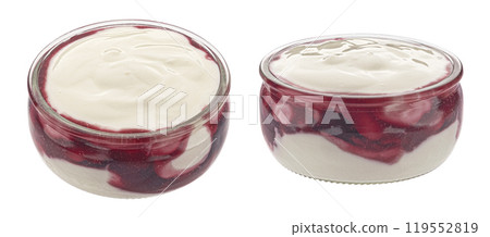 Berry layered dessert, glass bowl of yogurt with red berry jam isolated on white background with clipping path Berry layered dessert, glass bowl of yogurt with red berry jam isolated on white background with clipping path 119552819