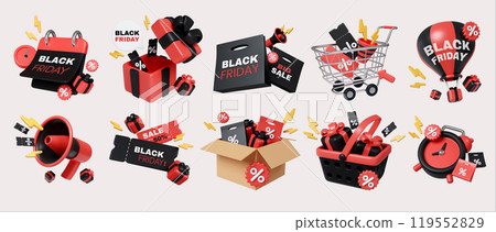 Black Friday Shopping Icons: Cart, Gift, Sale Labels 3D Render Black Friday Shopping Icons: Cart, Gift, Sale Labels 3D Render 119552829