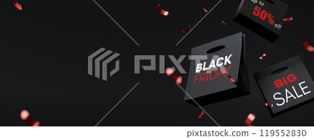 Black Friday Big Sale Shopping Bags with Confetti 3D Render Black Friday Big Sale Shopping Bags with Confetti 3D Render 119552830