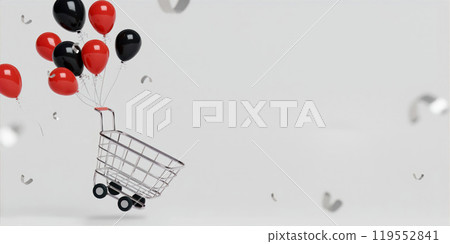 Red and Black Balloons Lifting Shopping Cart 3D Render Red and Black Balloons Lifting Shopping Cart 3D Render 119552841