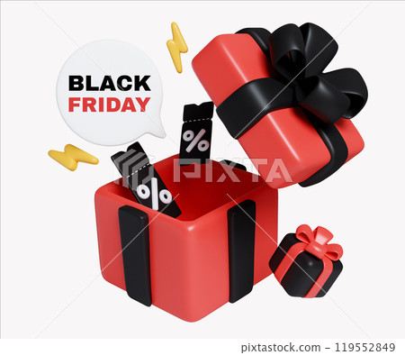 Black Friday Gift Box with Discount Tags 3D Render 119552849