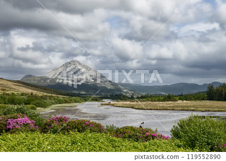 Lough Nacung Upper with lush greenery blooming flowers under skies near Drumnalifferny Mountain 119552890