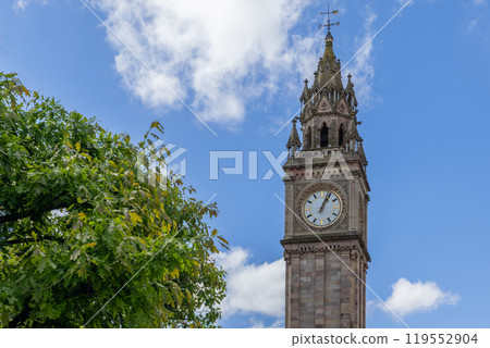 Gothic Albert Memorial Clock Belfast against blue sky Victorian landmark with intricate details Gothic Albert Memorial Clock Belfast against blue sky Victorian landmark with intricate details 119552904