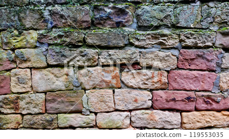 Textured Brick Wall With Varying Hues and Patches of Moss in a Natural Setting 119553035