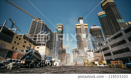 Large construction site. Construction of a modern district. Construction site of residential buildings. Construction process 119553103