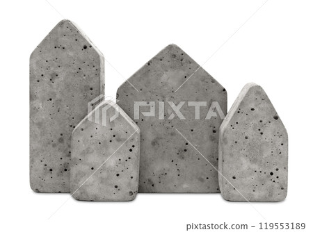 Group of minimalist concrete house-shaped blocks varying in size, isolated on white background. Raw industrial look. Stylized building, architecture, real estate symbol. Houses row. Minimalistic Group of minimalist concrete house-shaped blocks varying in size, isolated on white background. Raw industrial look. Stylized building, architecture, real estate symbol. Houses row. Minimalistic 119553189