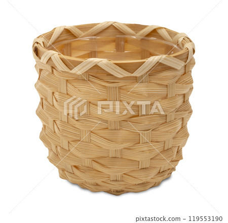 Woven plant pot isolated on white background. Eco-friendly and stylish basket. Warm, earthy tones. Front view. Boho, bohemian style. Rattan, wicker home accessory. Woven plant pot isolated on white background. Eco-friendly and stylish basket. Warm, earthy tones. Front view. Boho, bohemian style. Rattan, wicker home accessory. 119553190