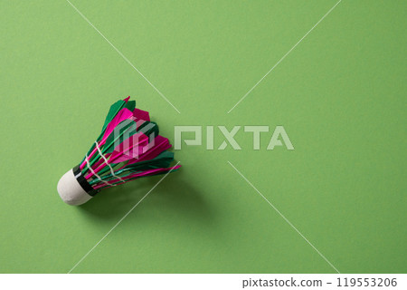 Colorful badminton feather shuttlecock on green background. Concept racket sport. Leisure games. View from above. 119553206