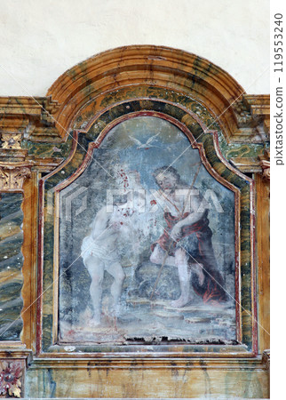 Baptism of the Lord altarpiece on the Our Lady altar in the chapel of St. Wolfgang in Vukovoj, Croatia 119553240