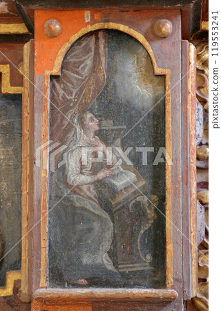 Annunciation of the Virgin Mary, altarpiece on the main altar in the chapel of St. Wolfgang in Vukovoj, Croatia Annunciation of the Virgin Mary, altarpiece on the main altar in the chapel of St. Wolfgang in Vukovoj, Croatia 119553241