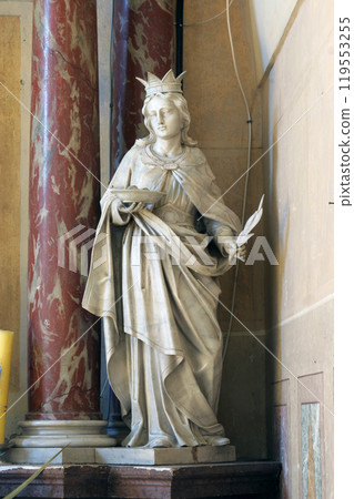 Saint Lucia, statue on the altar of Saint Valentine in Church of Assumption of Virgin Mary in Zakanje, Croatia Saint Lucia, statue on the altar of Saint Valentine in Church of Assumption of Virgin Mary in Zakanje, Croatia 119553255