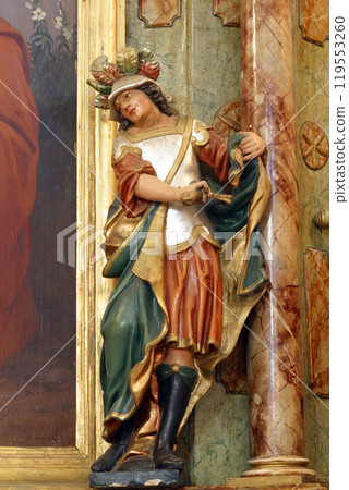 St. Florian, statue on the altar of St. Joseph in the parish church of St. Francis Xavier in Vugrovec, Croatia St. Florian, statue on the altar of St. Joseph in the parish church of St. Francis Xavier in Vugrovec, Croatia 119553260
