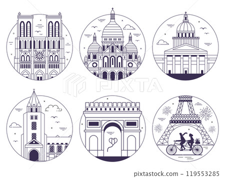 Paris Monuments and Landmarks Line Travel Icons 119553285